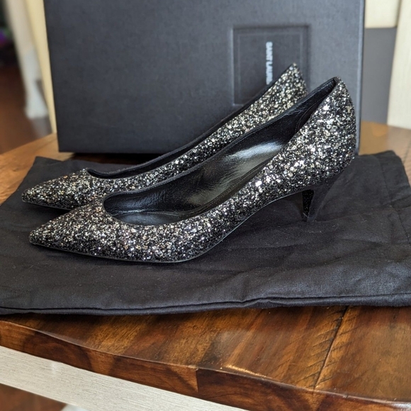 Saint Laurent Charlotte 55MM Black Glitter Kitten Heel Toe Pumps - Picture 3 of 9